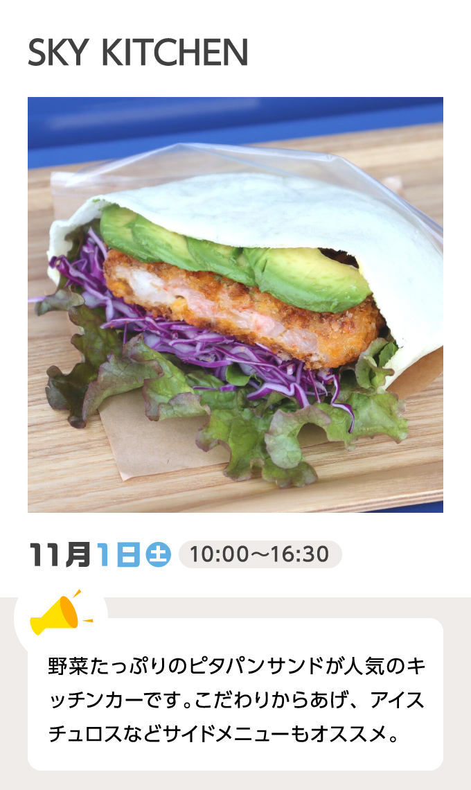SKY KITCHEN 11月1日（土）10:00～16:30 野菜たっぷりのピタパンサンドが人気のキッチンカーです。こだわりからあげ、アイスチュロスなどサイドメニューもオススメ。